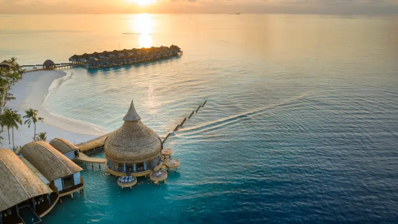 Moodhu Grill Aerial Sunset Outrigger Maldives Maafushivaru