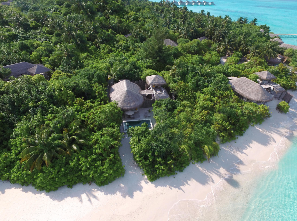 Lagoon Beach Villa with Pool Aerial Six Senses Laamu