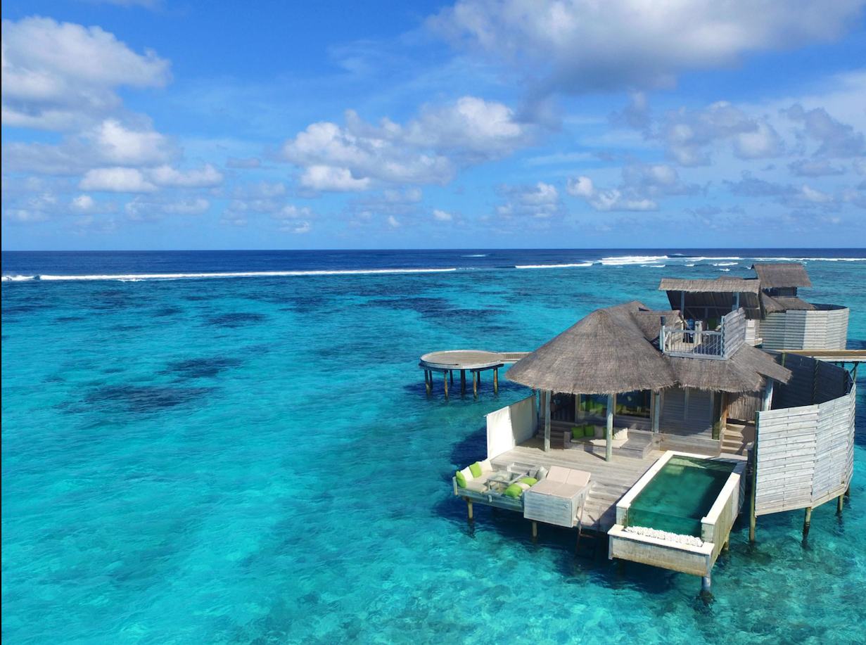 Laamu Water Villa with Pool Aerial Six Senses Laamu