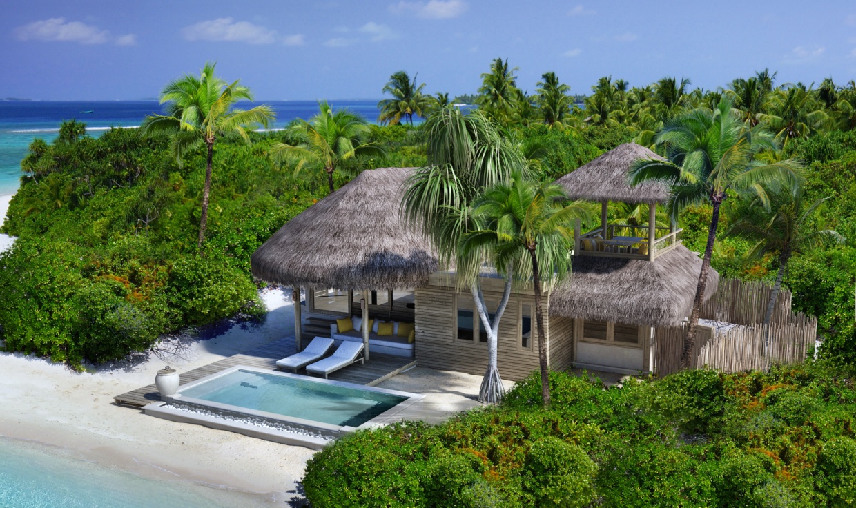Family Ocean Beach Villa with Pool Aerial Six Senses Laamu