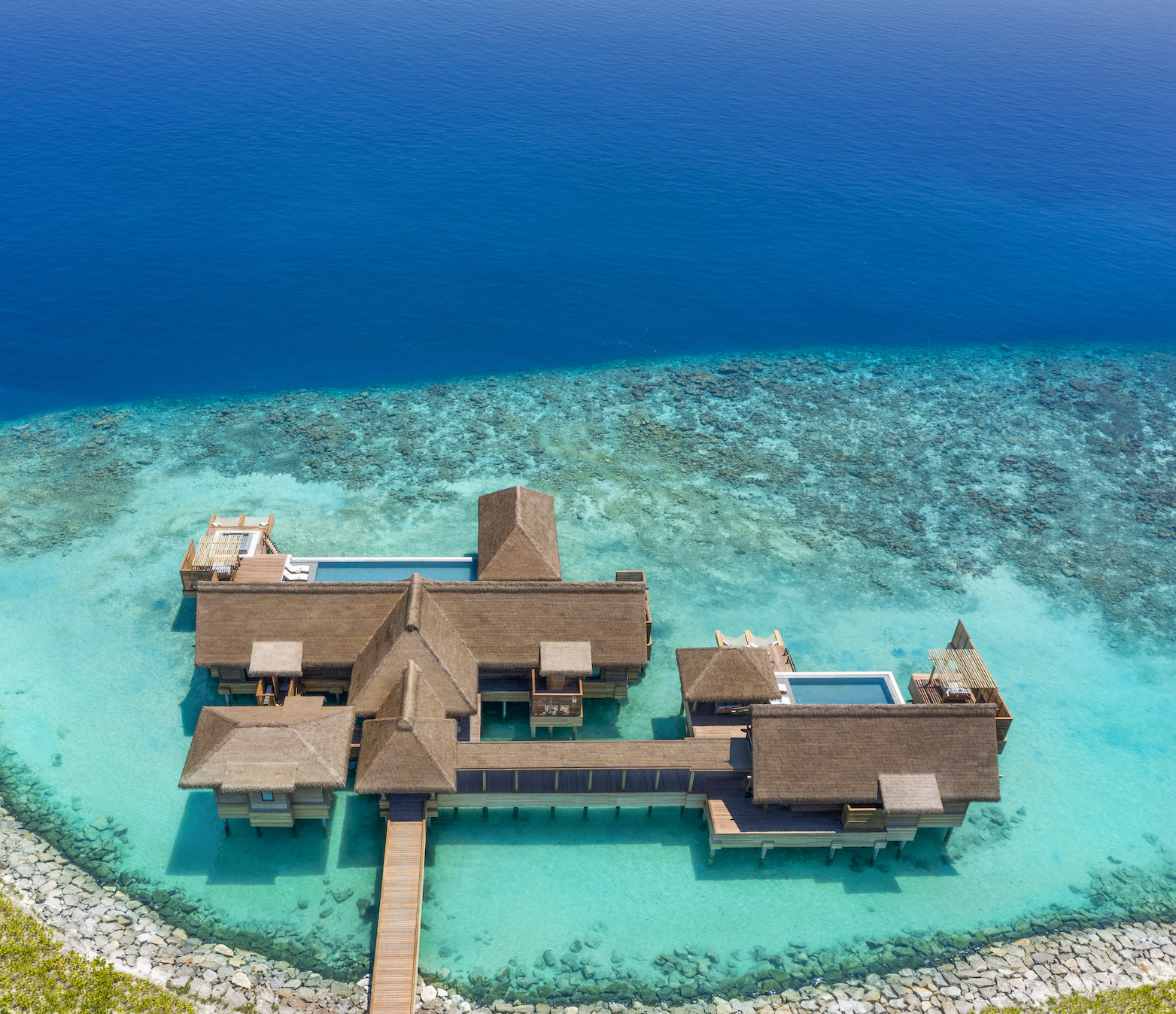Waldorf Astoria Maldives Ithaafushi Three Bedroom Over Water Villa With Pool Aerial
